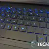 Detail view of the keyboard on the HP OMEN 16 (2023) gaming laptop with RGB LEDs turned on