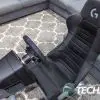 Closer look at the ActiFit Material/PU Leather seat on the Playseat Trophy - Logitech G Edition with the PRO Racing Wheel attached